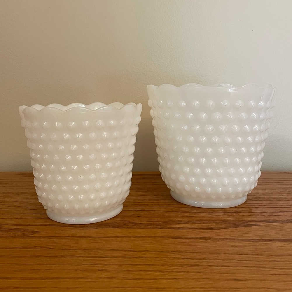 Vintage Milk Glass Hobnail Scalloped Edge Planter Bowls ( 2 )